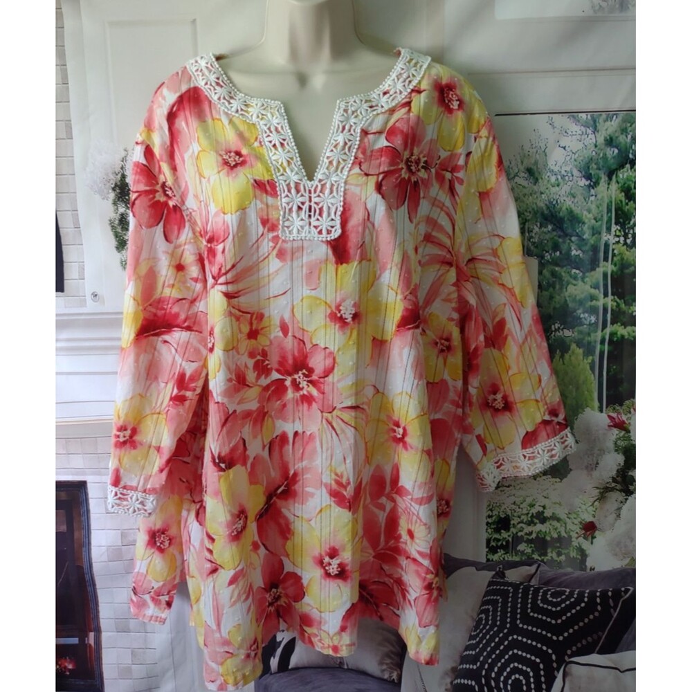 Alfred Dunner 24W 3X Floral Top 100% Cotton Spring Summer Crochet Boho Festival